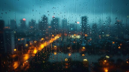Water drop texture on transparent window background with cityscape streets in rain. Abstract urban history lights and night dark.