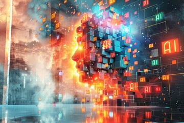 Fototapeta premium Dynamic digital illustration of an exploding brain made of pixel blocks, signifying the power of artificial intelligence and data processing