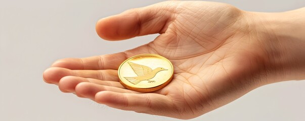 Hand Holding Gleaming Golden Coin with Bird Profile on White Background