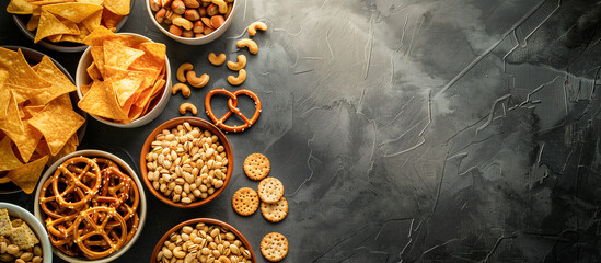 Naklejka premium snacks pretzels crackers chips nuts and nachos