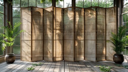 A natural wicker room divider sits in a sunlit room within a house with large windows, surrounded by potted plants, creating a warm, serene, and inviting atmosphere.