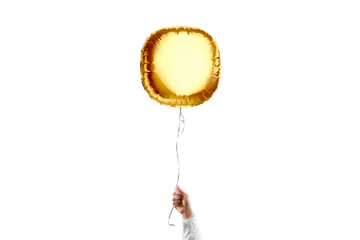 Hand holding gold round balloon mockup, isolated © Alexandr Bognat