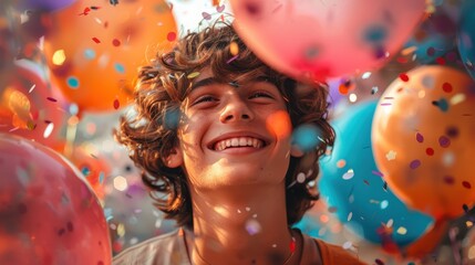 Naklejka premium A young boy with curly hair and a broad smile is surrounded by colorful balloons and confetti, creating a festive and joyful atmosphere as he celebrates happily.
