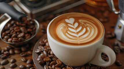 Close-Up Coffee with Latte Art Surrounded by Coffee Beans