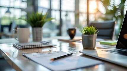 Modern Office Desk with Documents and Plants in Daylight