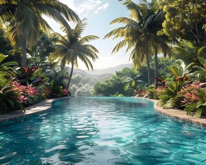 Fototapeta premium Lush tropical paradise with a serene pool surrounded by coconut palms and exotic flowers creating a perfect getaway concept