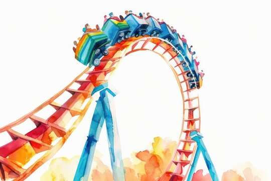 Cute roller coaster watercolor clipart on a white background with ample room for text