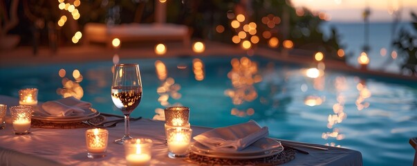 Romantic Poolside Dinner Setting with Candles and Elegant Tableware