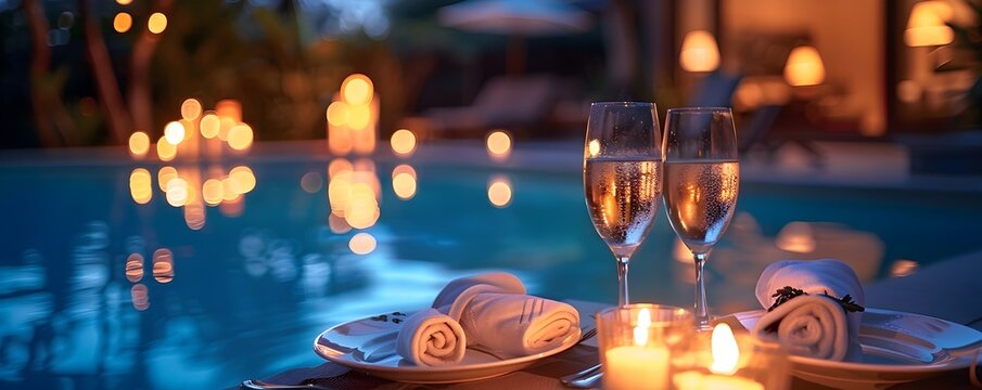 Poolside Dinner Setup with Candles and Elegant Tableware Creating Romantic Atmosphere