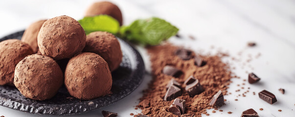 Chocolate truffle candies served on saucer in cafe closeup. Delicious round bonbons in cocoa powder on white table. Expensive dessert.