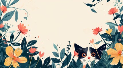 Charming botanical style illustration of a cat peeking through vines and flowers on a white horizontal social media header