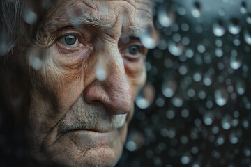 Senior man with deep wrinkles looks out a rain-speckled window with a pensive expression. Scene captures solitude, reflection, and melancholic atmosphere