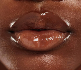 Obraz premium close-up of glossy, well-moisturized lips of an African American woman, highlighting rich texture and sheen, lips are slightly parted, showcasing their natural beauty and health