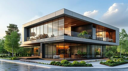 Fototapeta premium A stunning contemporary two-story building with expansive glass walls, modern architecture, and lush landscaping in a serene setting.