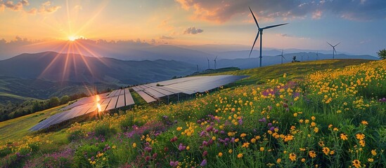 Environmentally friendly installation of photovoltaic power plant and wind turbine farm. Solar panels farm. Renewable energy source