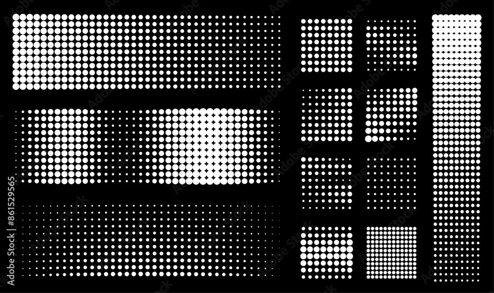 Poster Trames Points background set. Black fading comic pop art overlay texture collection. Dotted halftone gradient vector pattern 