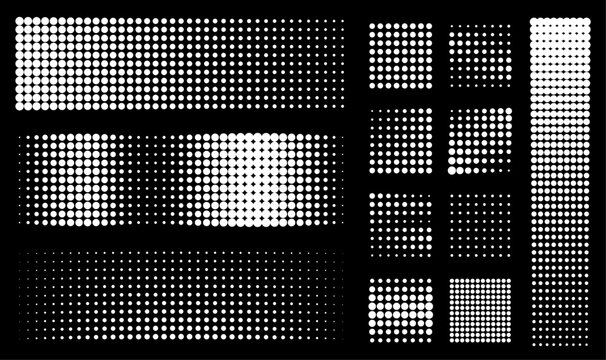 Trames Points background set. Black fading comic pop art overlay texture collection. Dotted halftone gradient vector pattern 