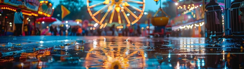 Rainy Evening at Carnival with Vibrant Lights Reflecting on Wet Pavement and Enjoying Rides