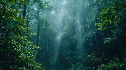 Fototapeta premium Misty Rainforest Landscape with Serene Atmospheric Ambiance