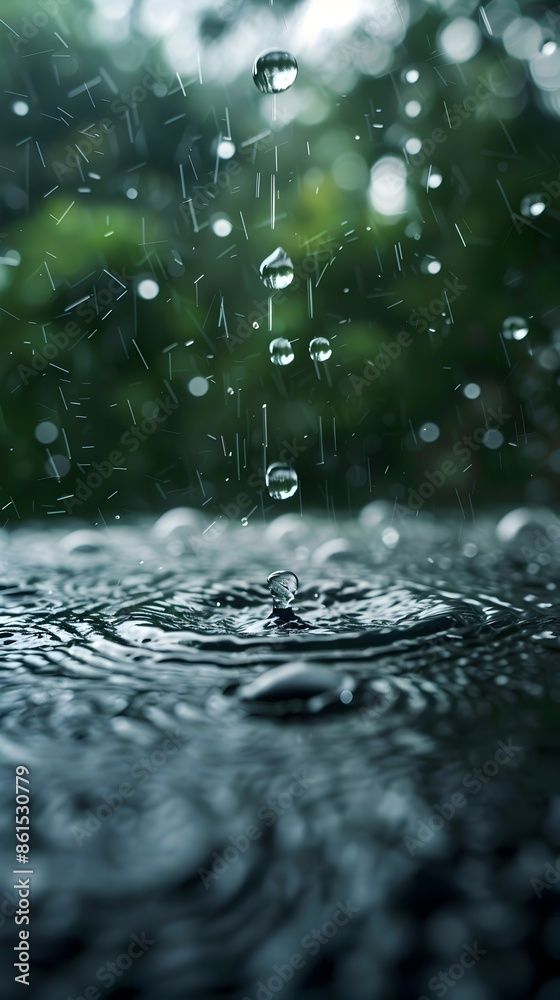 Sticker Tranquil Close up of Rain Droplets Creating Ripples on Wet Surface Forming Mesmerizing Patterns