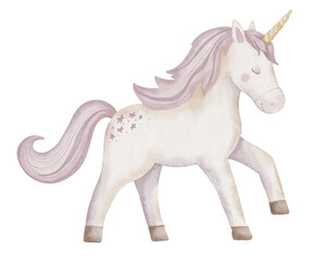 Unicorn watercolor illustration. Drawing of cute little Horse with horn for Baby shower greeting cards or childish birthday invitation. Pony for girls nursery wall art. Pastel Fantasy creature for kid