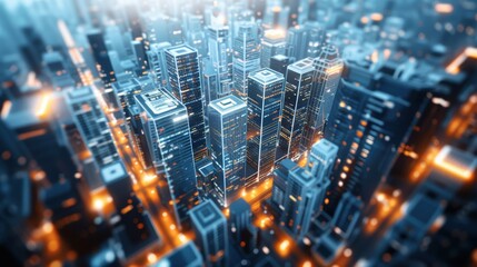 Obraz premium Aerial view of a futuristic cityscape at night, with tall skyscrapers illuminated by bright lights, showcasing modern urban architecture.