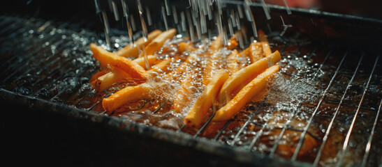 Golden french fries deep fried in a wire basket