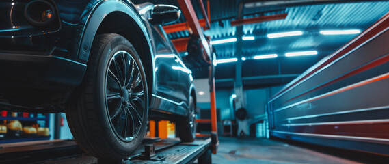 Fototapeta premium Black car on a lift at an automotive service center