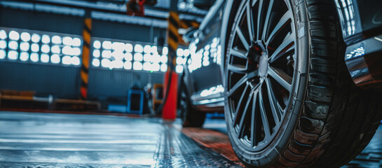 Obraz premium Close-up of a black car wheel during a tire change in a garage