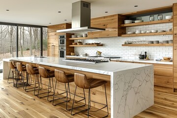 minimalist scandinavian kitchen with island and barstools advertising photography