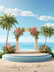 Fototapeta premium Summer beach pedestal, simple round stand on the sand beach with tropical greenery. Product presentation concept. 