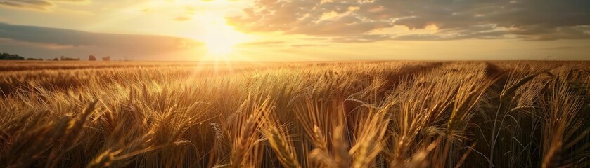 Naklejka premium Golden wheat field with sun setting on the horizon, creating a warm and tranquil atmosphere, perfect for nature and agriculture concepts.