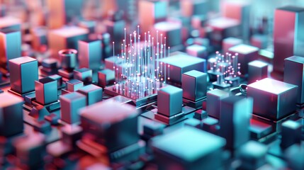 Obraz premium Futuristic circuit board with glowing neon lights and electronic components in a high-tech abstract cityscape design.