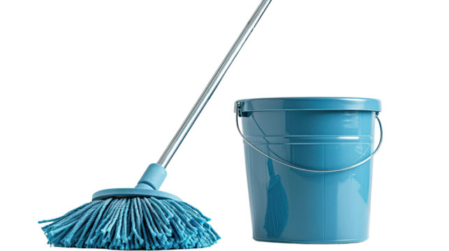Bucket with handle sits next to a mop, transparent background PNG