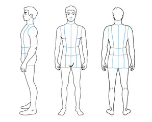 Male body mannequin. Template for fashion sketch ideas of men's clothing. Fashion design. Front, side and back view outline vector illustration