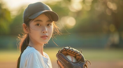 A young woman wearing a baseball cap and holding a glove on a field
