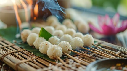Skewers of Traditional Rice Balls on Bamboo Mat