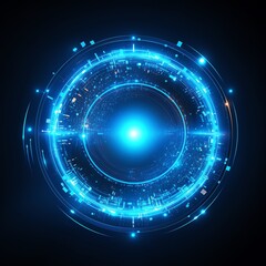 Fototapeta premium Futuristic digital blue circular interface with glowing technology elements in a sci-fi design on a dark background.