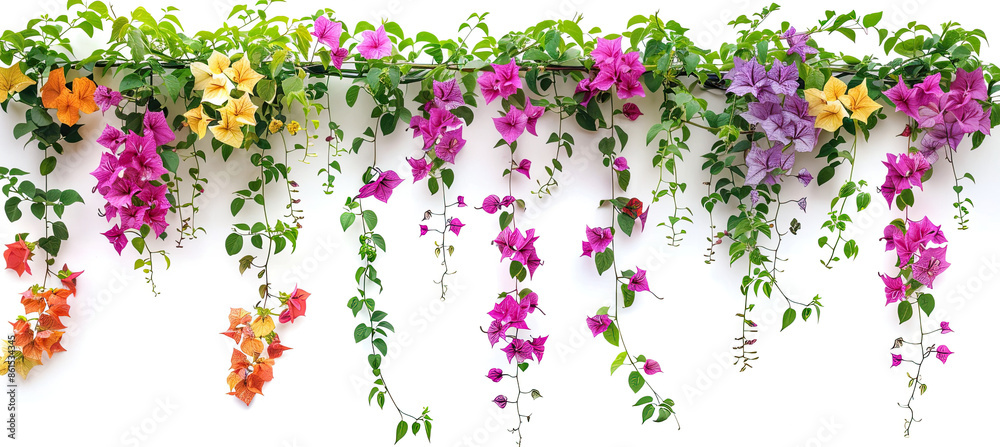 Wall mural Flowering Creepers with Various Colored Blooms, Isolated on White Background