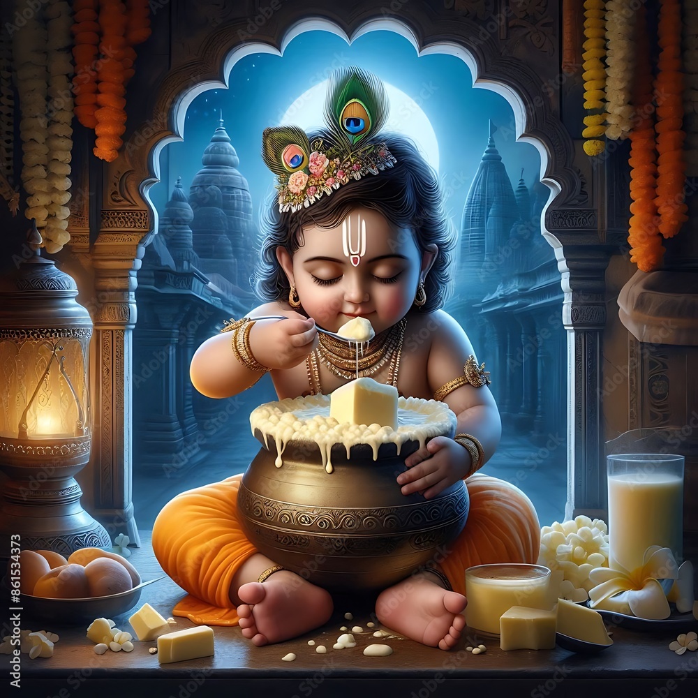 Wall mural shree krishna for janmashtami, makhan chor, bal krishna, cute