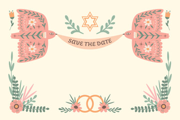 Jewish wedding festive concept. Birds, ribbon, star of David and flowers. Vector illustration in boho style.