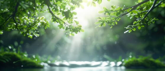 Fototapeta premium Serene forest scene with sunlight streaming through leaves, illuminating a tranquil pond surrounded by lush greenery.