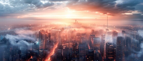 Stunning aerial view of a futuristic city skyline at sunrise, shrouded in dramatic clouds and fog, with glowing streets and skyscrapers.