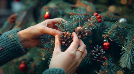 A close-up view of hands meticulously decorating a Christmas tree with pinecones and baubles evokes a warm and festive holiday spirit.