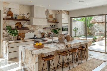minimalist scandinavian kitchen with island and barstools advertising photography