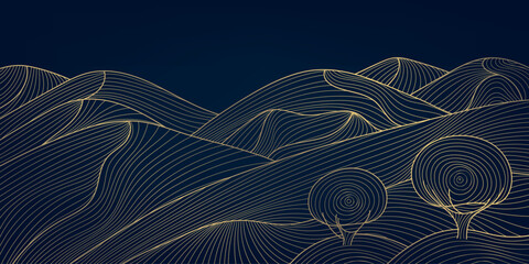 Vector gold landscape background, line hills with trees, mountain illustration, japanese style. Curve luxury pattern