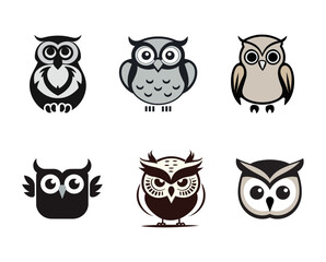Fototapeta premium A set of silhouette illustrations of cute owls, nocturnal bird silhouettes facing forward
