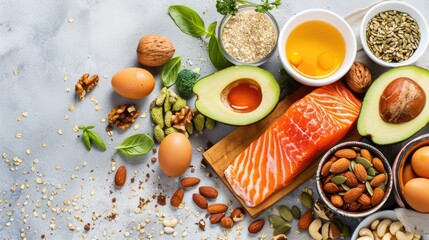 Colorful composition featuring key ingredients of the keto diet: salmon, avocado, eggs, nuts, and seeds, perfect for promoting healthy eating habits.