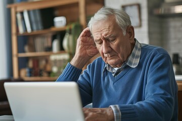 Elderly man in blue sweater struggling with laptop at home
