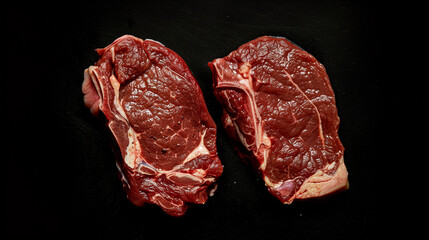 Uncooked Perfection: Studio Shot of Two Raw Steaks Against Black Backdrop